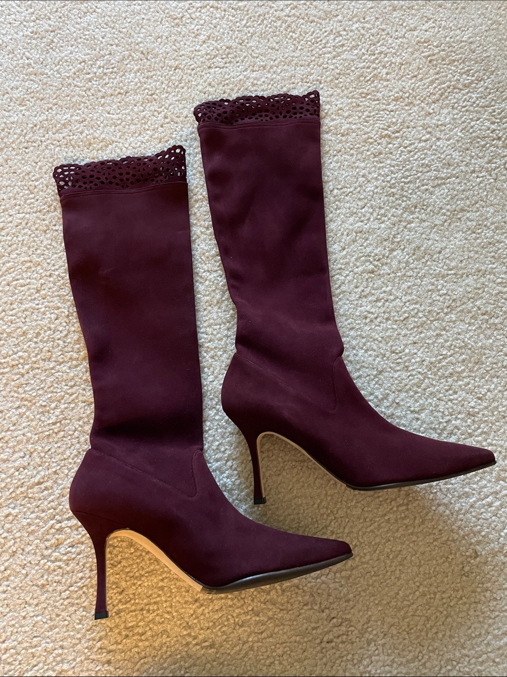 Manolo Blahnik Sample Sale Stiletto Knee Boots with Scalloped Trim, Size 38